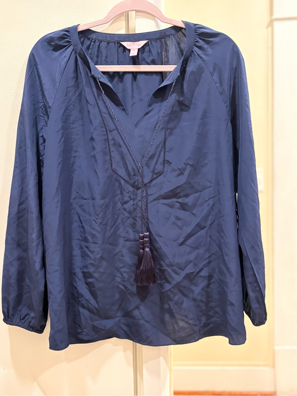 Lilly Pulitzer Navy V-Neck Long Sleeve Tassel Blouse